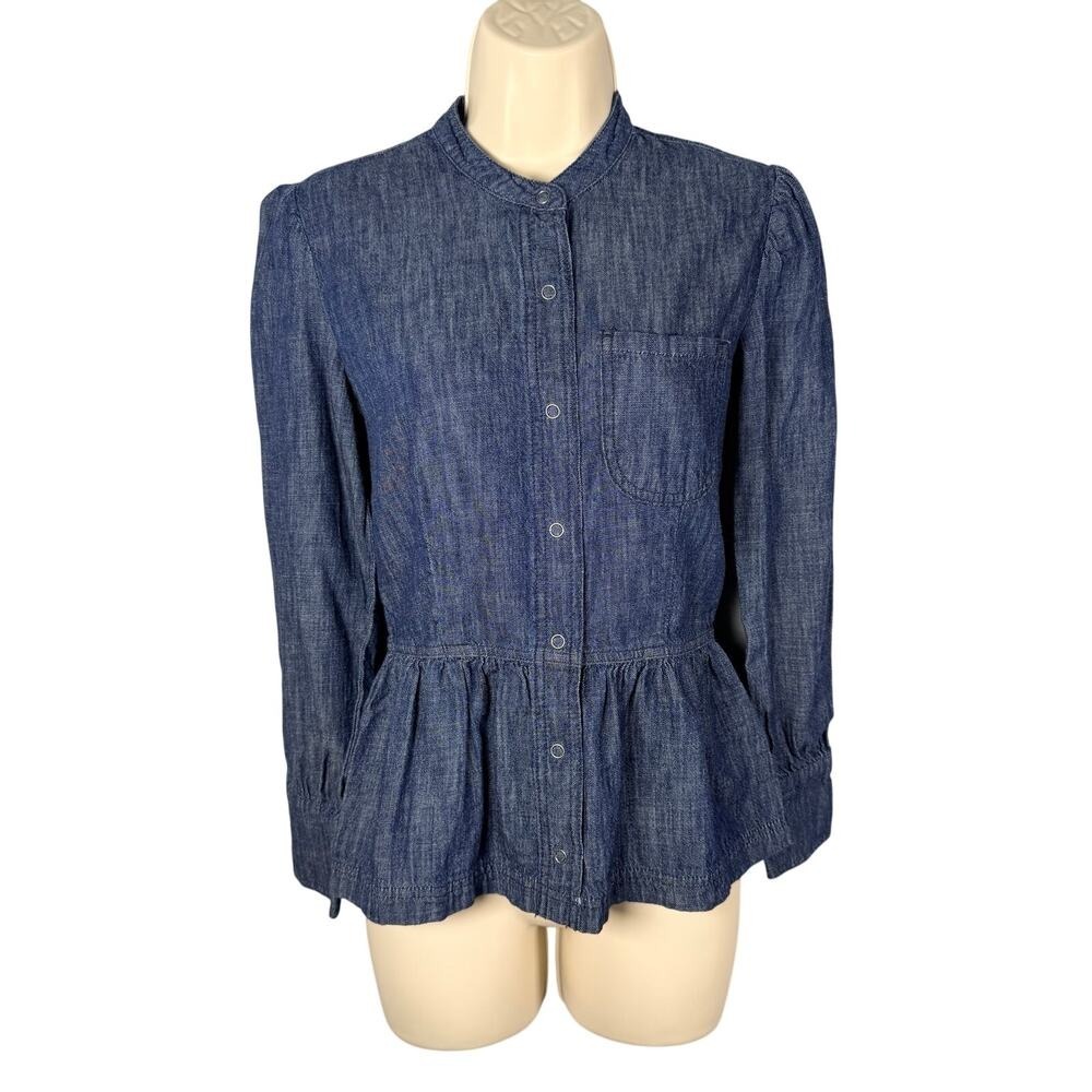 Lucky Brand Top Womens 0 Indigo Chambray Peplum Prairie Snap Button Dark‎ Denim